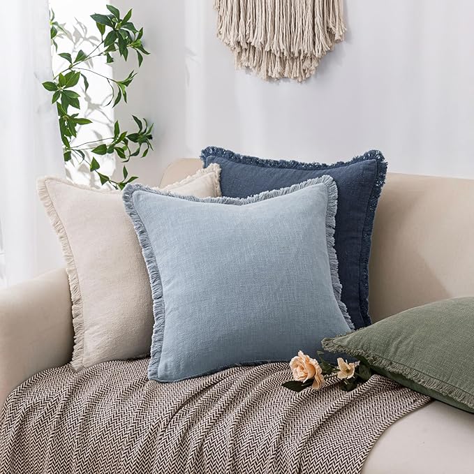 Woaboy Decorative Linen Fringe Throw Pillow Covers Boho Farmhouse Soft Euro Cushion Covers Accent Pillowcases with Tassels for Living Room Couch Sofa Bed Chair,26x26 Inch Set of 2,Blue