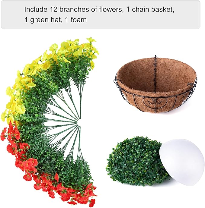 Artificial Fake Hanging Flowers with Basket for Fall Decoration, 12 Bundles Faux Silk Morning Glory Plants for Outdoor Planters, Realistic UV Resistant Artificial Flowers for Outside Porch Garden