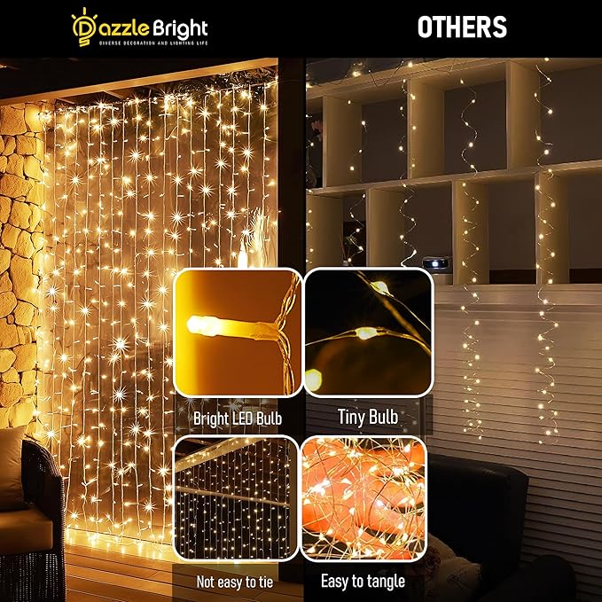 Dazzle Bright 300 LED Curtain Lights, Plug in Fairy Curtain Lights for Bedroom, Christmas Hanging String Lights Outdoor for Window Backdrop Wall Wedding Patio Indoor Dorm Party Decor, Warm White