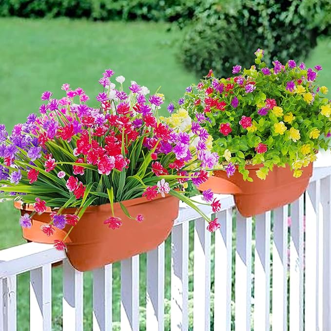 24 Bundles Artificial Flowers Outdoor Fake Mums Outdoor Plants Faux Flowers Bushes Bulk UV Resistant Plastic Greenery Decoration for Front Door Porch Outside Garden décor, 6 Colors