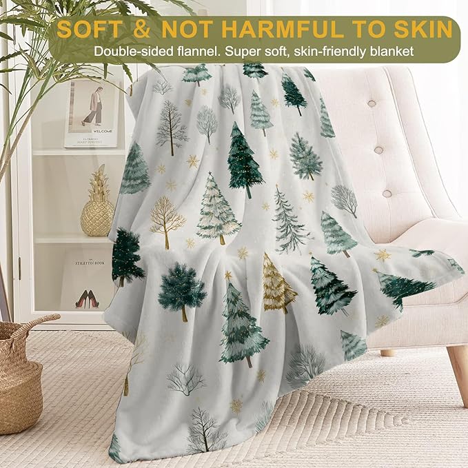 Christmas Decorative Blanket, Elegant Tree and Snowflake Print Throw Decoration, Soft Flannel Winter Blankets for Couch Bed Sofa, Holiday Home Decor, Xmas Festival Gifts White 40x50 Inch