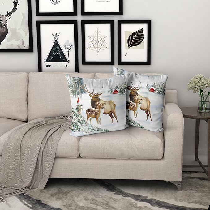 Giwawa Winter Deer Pillow Covers Set of 2, Farmhouse Elk Reindeer Wildlife Cotton Pillow Cases, 20"x20" Xmas Tree Snow Cottage Throw Cushion Covers for Sofa Couch Bedroom Indoor Outdoor Decor