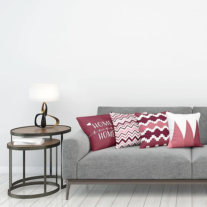 Ambesonne Modern Throw Pillow Cushion Case Pack of 4, Geometric Style Pattern of Triangles Zigzags Love Home Phrase Print, Modern Accent Double-Sided Digital Printing, 24", Raspberry Rose and White