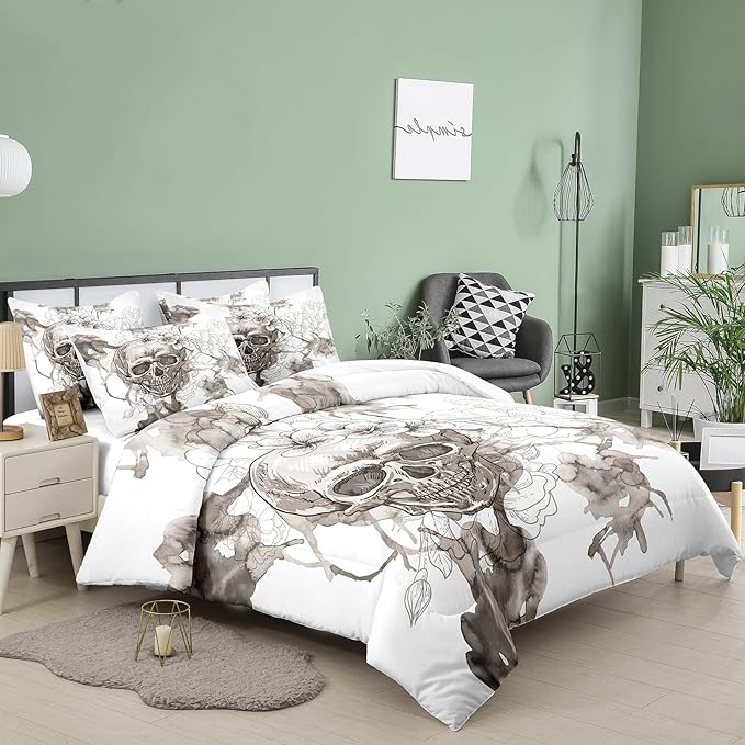 Tailor Shop Skull Comforter Set Queen Size, Gothic Fog Smoke Skull Skeleton Comforter Sets,Halloween Bedding Set, Grey Bedding Comforters for Young Man Boy Teens, with 1 Comforter 2 Pillowcases…