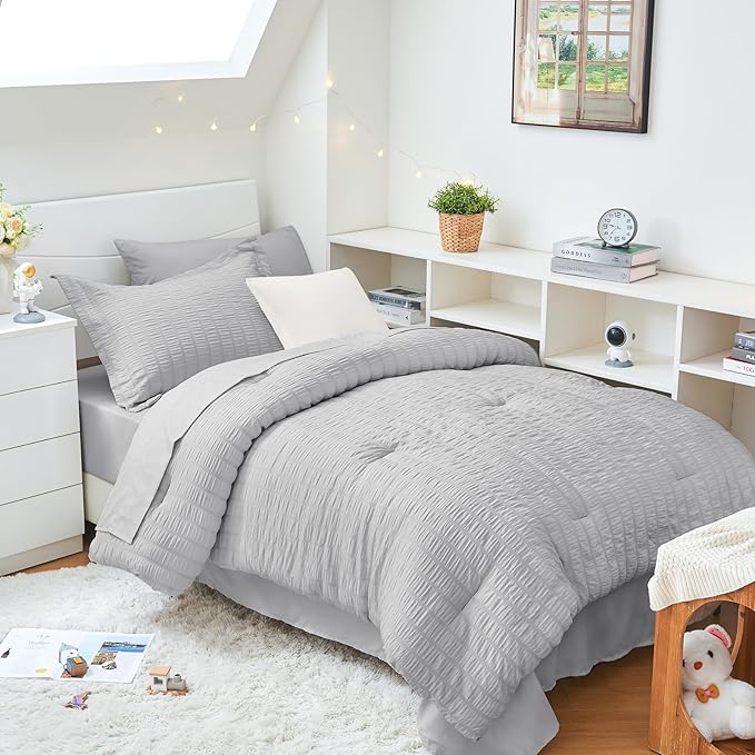 HYMOKEGE Light Grey Twin XL Comforter Set Seersucker 5 Pieces, All Season Luxury Bed in a Bag for Bedroom, Bedding Set with Comforter, Sheets, Pillowcase & Sham