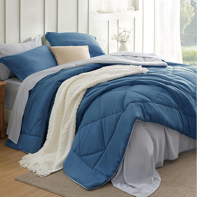 Bedsure King Size Comforter Set - 7 Pieces Reversible Slate Blue Bedding, King Size Bed Set for All Seasons, Bed in a Bag with Down Alternative Comforter, Sheets, Pillowcases & Shams