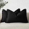 Foindtower Set of 2 Decorative Linen Fringe Lumbar Throw Pillow Covers Boho Farmhouse Cushion Cover with Tassels Soft Accent Pillowcase for Couch Sofa Bed Living Room Home Decor,12×20 Inch,Black