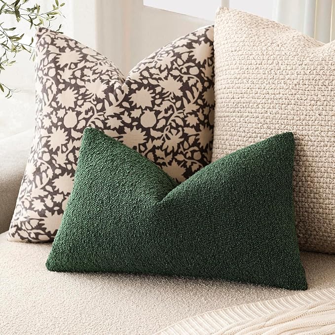 Foindtower Decorative Textured Boucle Throw Pillow Covers Accent Solid Lumbar Pillow Cases Neutral Cozy Couch Cushion Case for Chair Sofa Bedroom Living Room Home Decor 12x20 Inch,1PC,Pine Green