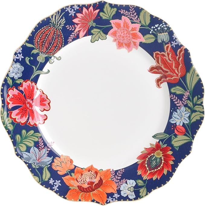 222 Fifth 12-Piece Porcelain Dinnerware Set for 4, White & Parisian Blue Plates and Bowls Set with Gold Rim, Glossy Ceramic Dish Set with Detailed Floral Design, Microwave & Dishwasher Safe, Chintz