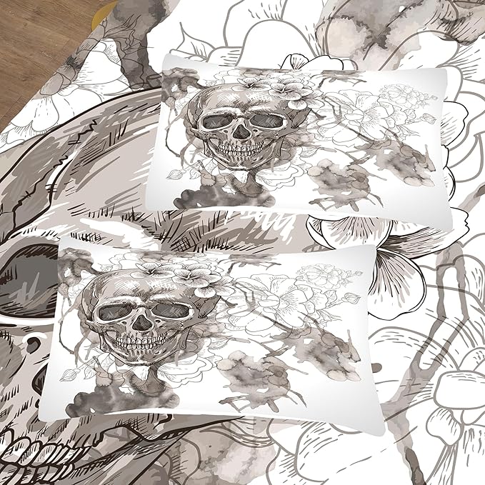Tailor Shop Skull Comforter Set Queen Size, Gothic Fog Smoke Skull Skeleton Comforter Sets,Halloween Bedding Set, Grey Bedding Comforters for Young Man Boy Teens, with 1 Comforter 2 Pillowcases…