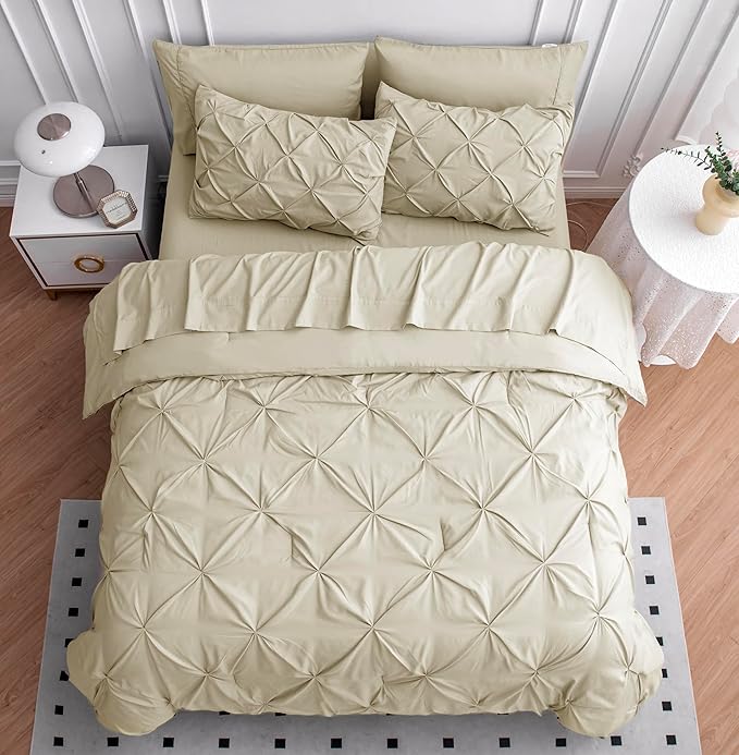 Lane Linen Queen Comforter Set with Sheets, 7 Piece Set, Pintuck Design, Soft Bedding, Bed Set - Linen