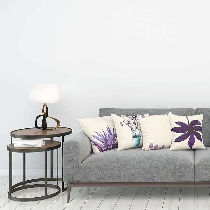 Ambesonne Botanical Throw Pillow Cushion Case Pack of 4, Minimalist Watercolor Painting Leaves Agave Branches Plant in a Pot, Modern Accent Double-Sided Digital Printing, 18", Quartz and Lavender