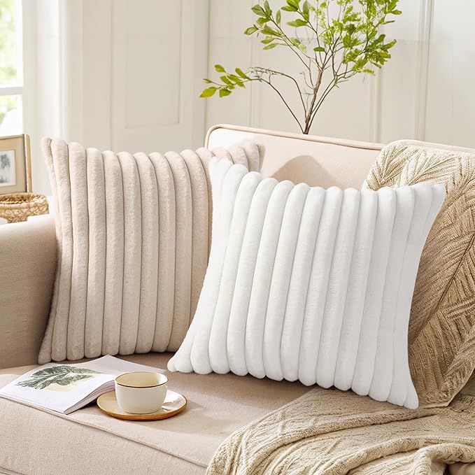 Pallene Faux Fur Plush Throw Pillow Covers 24x24 Set of 2, Luxury Soft Fluffy Striped Decorative Pillow Covers for Sofa, Couch, Living Room, White