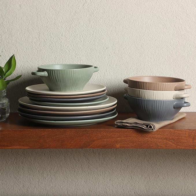Gibson Elite Clover Hill 12-Piece Stoneware Dinnerware Set – Assorted Colors in Sage Green, Charcoal, Taupe & Cream – Embossed Reactive Glaze Plates & Bowls, Microwave & Dishwasher Safe, Service for 4