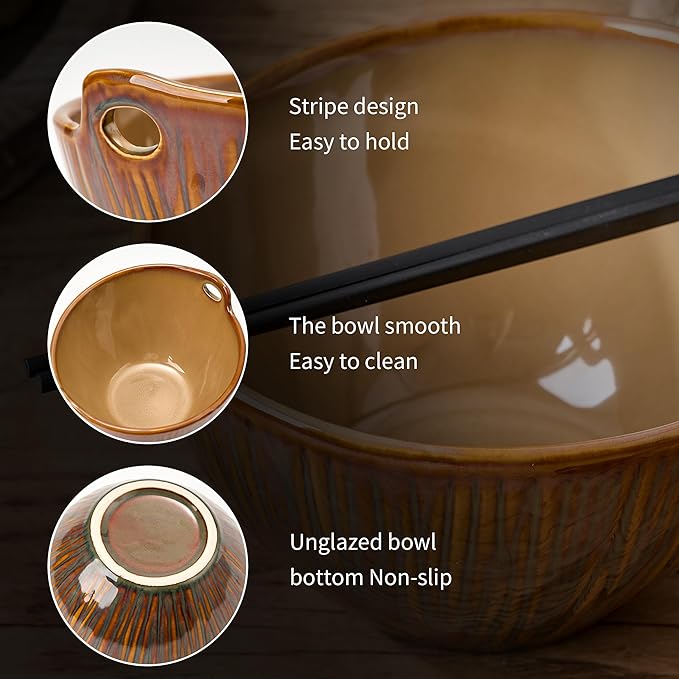Ramen Bowl with Chopsticks and Spoons Set, 7 Inch Ceramic Noodle Bowl Set of 2, Dishwasher Safe for Pho Udon Soba Noodle Salad Pasta, Special Reactive Glazed Brown Bowls Set