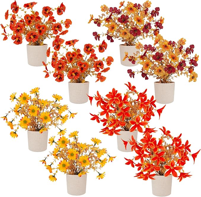 Fake Potted Plants 8pcs, Artificial Fall Flowers with Vase, Autumn Harvest Decoration for Home Indoor Outdoor, Table Plants Farmhouse Decor for Kitchen, Bedroom, Living Room, Bathroom