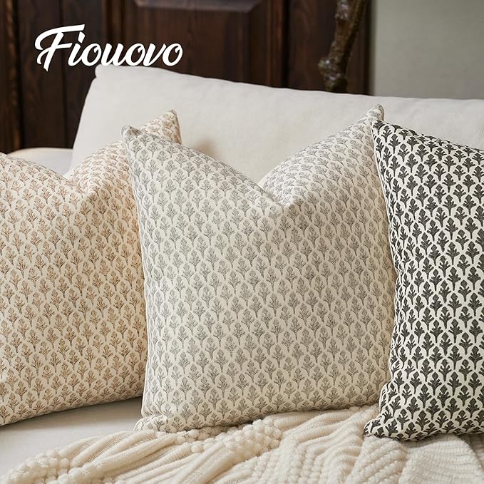 Floral Pillow Covers 24x24 Pillow Cover Block Print Couch Pillows for Living Room Decorative Neutral Accent Throw Pillow Covers, 1PC, Light Taupe
