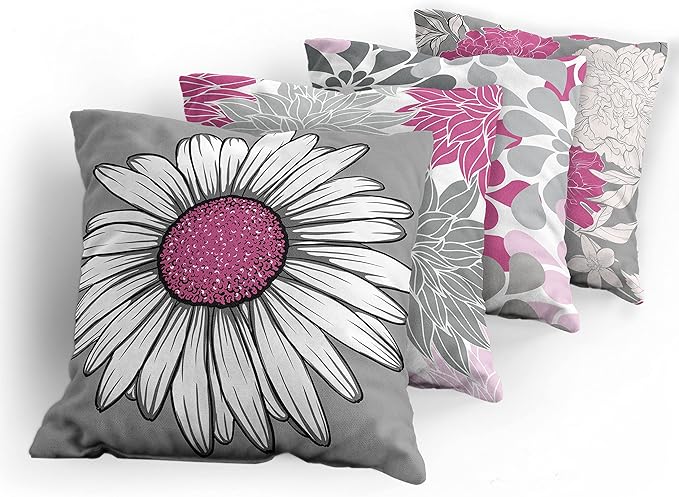 Ambesonne Floral Throw Pillow Cushion Case Pack of 4, Flower Petals Modern Color Palette Chamomile Peony Dahlia and Sunflower Print, Modern Accent Double-Sided Digital Printing, 16", Pink and Grey