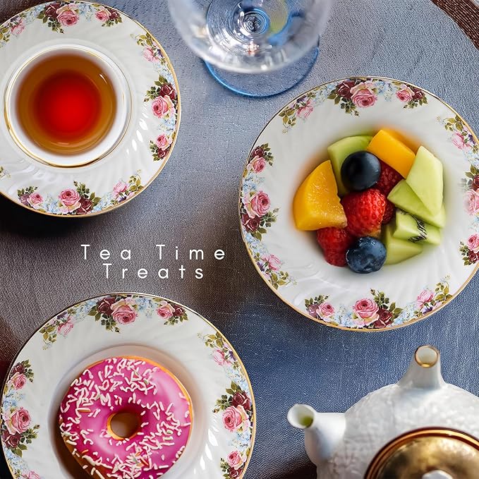Lynns Paradise Philomena Floral 45-Piece Dinnerware Set | 24K Gold Trim | Embossed Swirl | Plates & Bowls Sets | Apartment Essentials | Home Kitchen Accessories | Floral Design