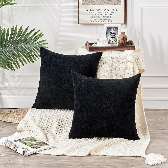 GAWAMAY Decorative Square Throw Pillow Covers 22"x22" Inch Set of 2, Super Soft Chenille Pillows Farmhouse Fall Pillowcase for Living Room Bedroom Sofa Couch Cushion Cover Black 55x55cm (No Insert)