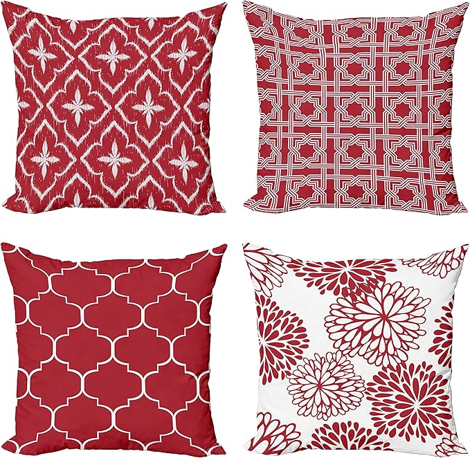 Ambesonne Vintage Throw Pillow Cushion Case Pack of 4, Monochrome Design Grid Trellis Quatrefoil Mesh and Dahlia Flowers Modern Print, Modern Accent Double-Sided Digital Printing, 20", Ruby and White