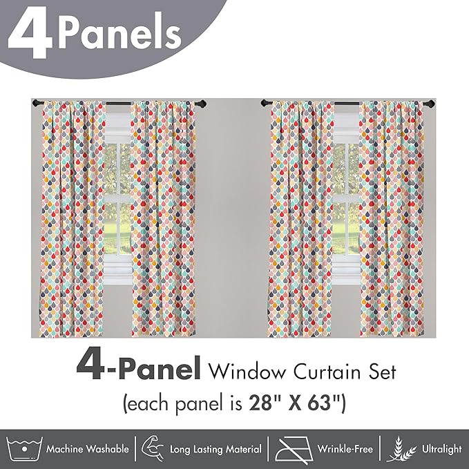 Ambesonne Geometric Window Curtains Pack of 2, Raindrops Doodle Style Creative Leaf Shaped Colorful Girls Theme, Lightweight Set with Rod Pocket, 4 Panels of - 28" x 63", Teal Coral