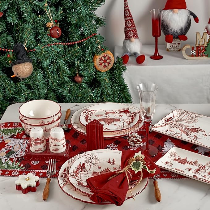 Bico Toile De Jouy Winter Wonderland Scalloped Dinner Plates, Ceramic, 11 inch, Set of 4, for Pasta, Salad, Maincourse, Microwave & Dishwasher Safe