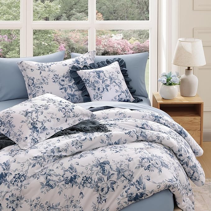 King Comforter Set -7 Pieces Floral Blue Comforter Set for All Seasons, Bed in a Bag King with Botanical Flowers Comforter, Sheets, Pillowcases & Shams