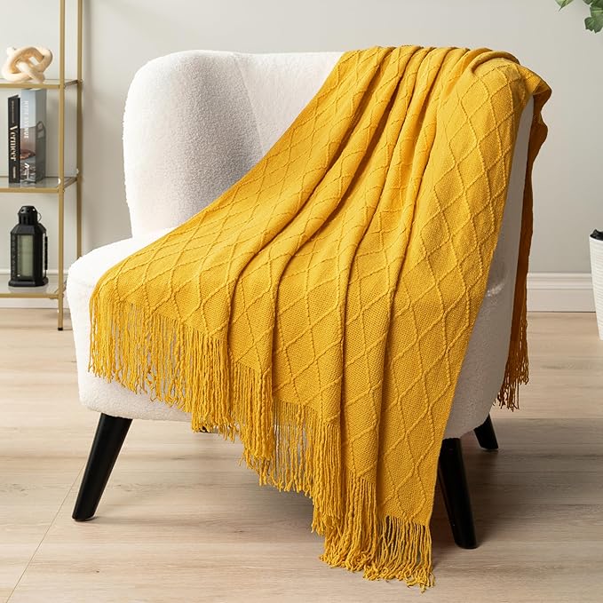 PAVILIA Mustard Yellow Knit Throw Blanket for Couch Bed, Soft Knitted Farmhouse Sofa Throw for Living Room, Lightweight Decorative Fall Throw Blanket for Chair, Outdoor Textured Boho Blanket, 50x60