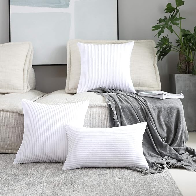Home Brilliant Decorative Pillow Covers 18x18 Supersoft Striped Velvet Throw Pillow Covers Set of 2 Cushion Cover for Chair, 18 x 18 inch, Pure White