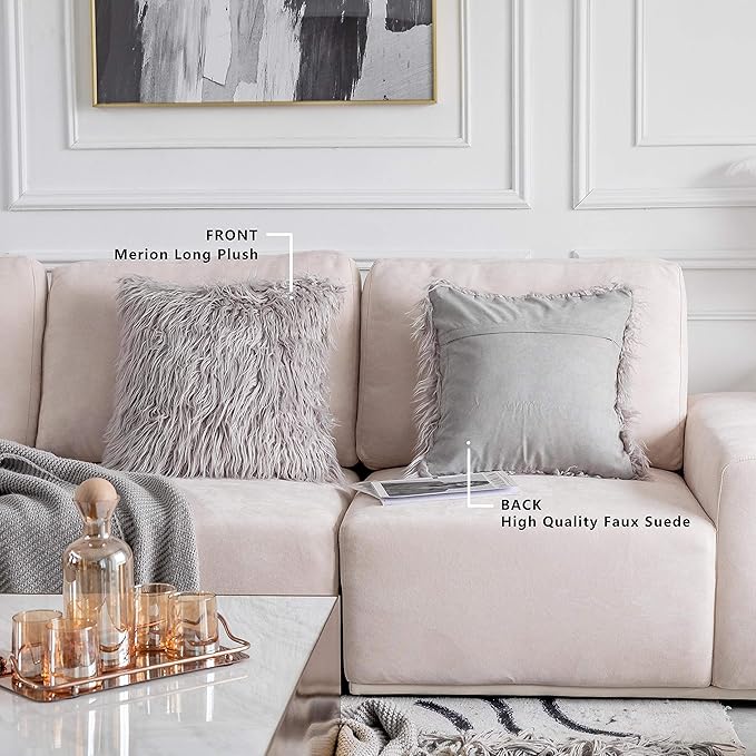 Home Brilliant Pillow Covers 18x18 Set of 2 Decorative Throw Pillow Case Mongolian Faux Fur Cushion Cover, 45x 45cm, Light Grey