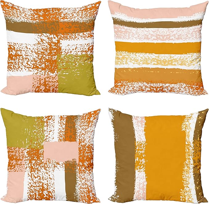 Ambesonne Grunge Throw Pillow Cushion Case Pack of 4, Abstract Design Simplistic Minimal Stripes Brushstrokes Contemporary Print, Modern Accent Double-Sided Digital Printing, 16", Orange Rose and Fawn