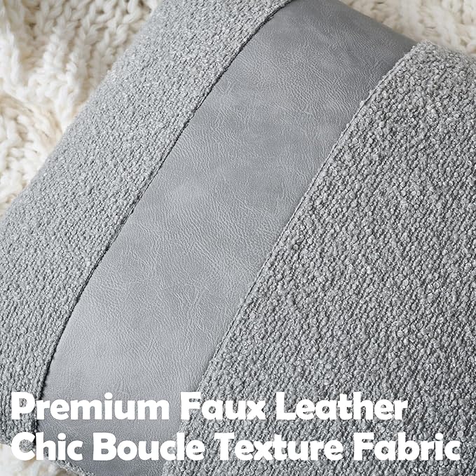 Pack of 2 Faux Leather Boucle Throw Pillow Covers 20"x20" Grey Chic Accents Textured Square Decorative Pillow Cases for Living Room Couch Bed Farmhouse Boho Home Decor