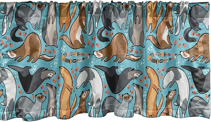 Lunarable Ferret Window Valance, Composition of Multiple Playful Ferrets with Berries and Beads as Simplistic Artwork, Curtain Valance for Kitchen Bedroom Decor with Rod Pocket, 54" X 12", Brown