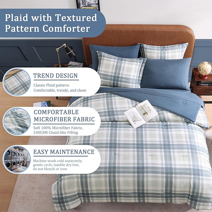 Plaid Queen Comforter Set, Blue Grey Bedding Set 7 Piece for Boys Girls Teen, Classic Homestead-Style Kids Comforter Set Bed in A Bag with Sheets, Pillowcases & Shams