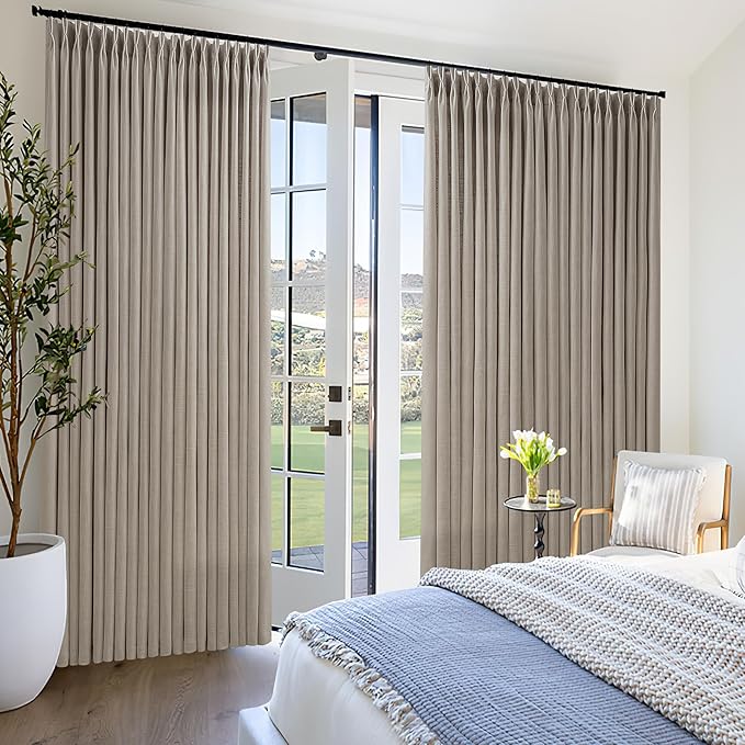 Taupe Patio Sliding Door Curtains 100 Width 102 Inches Long Pinch Pleated Curtain with Hooks Rings Light Filtering Semi Sheer Extra Wide 100x102 Drape Living Dining Room Burlywood Birch 1 Panel