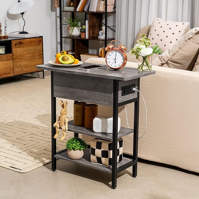 Yoobure End Table with Charging Station, Flip Top Side Table with USB Ports and Outlets, Sofa Couch Table Bedside Table for Living Room Bedroom, Narrow Nightstand with Storage Shelves for Small Space