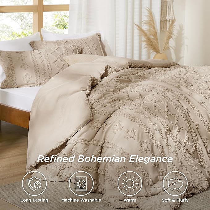 Bedsure Tufted Boho Comforter Set Queen Size - Khaki Boho Bed Set, GentleSoft™ 3 Pieces Farmhouse Shabby Chic Embroidery Bedding, Gifts for Woman, Soft Jacquard Queen Comforter for All Seasons