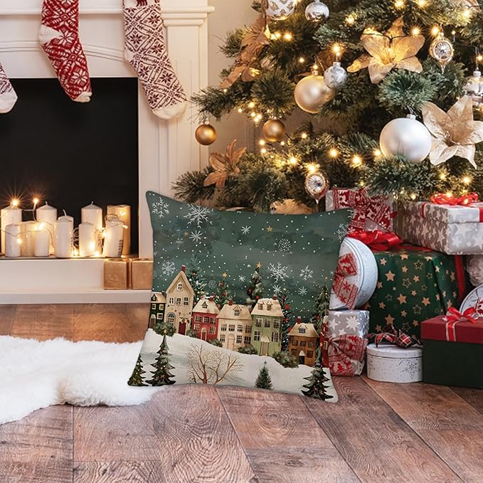 Winter Decorative Rectangle Pillow Cover 18 x 18, Wonderland Forest House Snowflake Vintage Porch Outdoor Pillowcase, Christmas Holiday Seasonal Farmhouse Cushion Case Home Decor