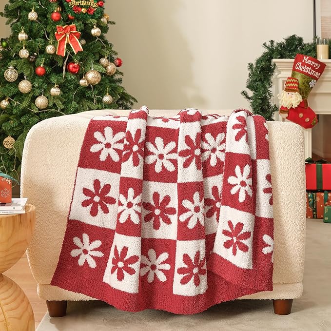 Snuggle Sac Checkered Blanket, Red Flower Throw Blanket for Christmas Couch Plaid Microfiber Fluffy Warm Cozy Fuzzy Soft Reversible Checkerered Blankets for Sofa, Chair, Bed, 50x60 inches