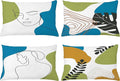 Ambesonne Minimal Throw Pillow CushiCase Pack 4, Modern Line Art Woman Portrait Contemporary Leafy Geometric Details, Modern Accent Double-Sided Digital Printing, 20" x 12", Blue Green Marigold