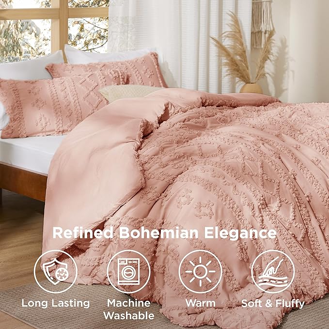 Bedsure Tufted Boho Comforter Set Queen Size - Pink Boho Bed Set, GentleSoft™ 3 Pieces Farmhouse Shabby Chic Embroidery Bedding, Gifts for Woman, Soft Jacquard Queen Comforter for All Seasons