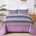 WONGS BEDDING Boho King Quilt Set, Purple Bohemian Quilt Bedding Set, Lightweight Bed Decor Bedspread for All Season Reversible Microfiber Coverlet Bedding Set 110"x90"(3 Pieces)