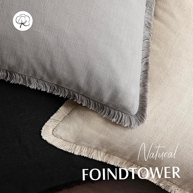 Foindtower Set of 2 Decorative Linen Fringe Throw Pillow Covers Cozy Farmhouse Cushion Cover with Tassels Accent Pillowcase for Couch Chair Sofa Bed Living Room Home Decor,20×20 Inch,Light Rustic Gray