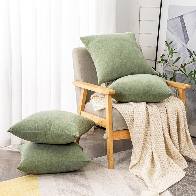 GAWAMAY Decorative Square Throw Pillow Covers 18"x18" Inch Set of 4, Super Soft Chenille Pillows Farmhouse Fall Pillowcase for Living Room Bedroom Sofa Couch Cushion Cover Sage Green 45x45cm