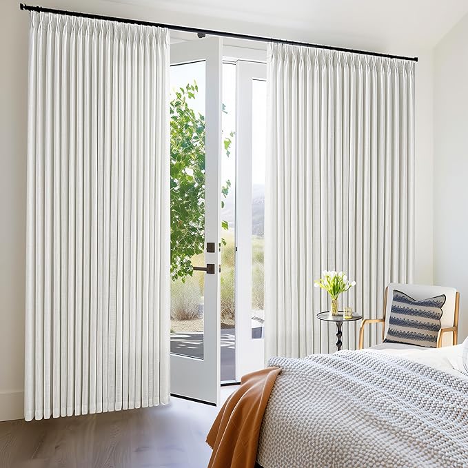 102 Inch Long Curtains Extra Wide 70 Inch Width Pinch Pleat Linen Curtains for Living Room Ivory Birch Light Filtering Privacy Boho Farmhouse Pleated Hooks Rings Back Tab Sliding Door 1 Panel 70x102