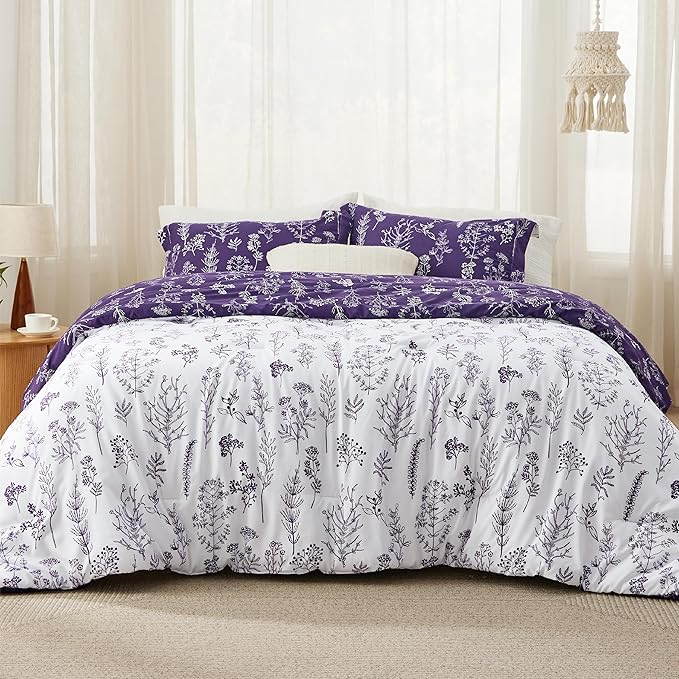 Bedsure Queen Comforter Set - Dark Purple Bed Set, 3 Pieces Cute Floral Bedding, 1 Soft Reversible Botanical Flowers Comforter and 2 Pillow Shams