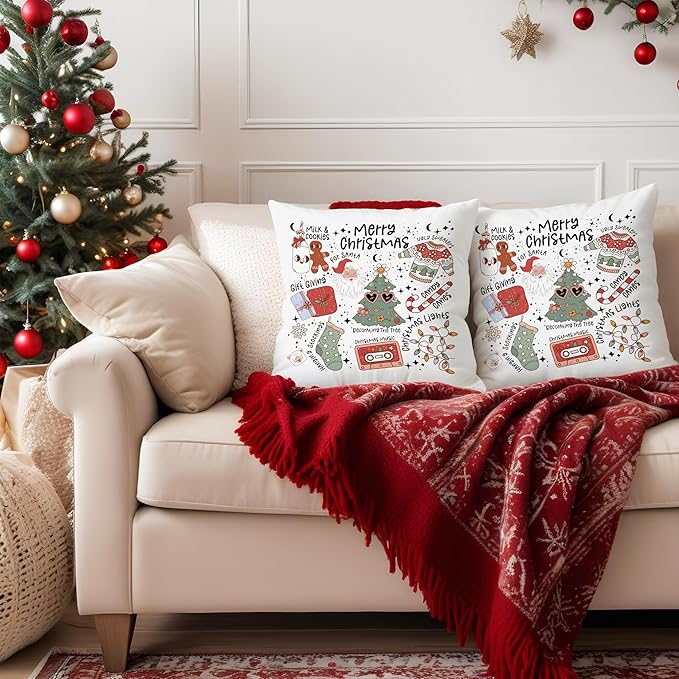 Cute Christmas Throw Pillow Covers 18x18, Retro Santa Milk Cookies Xmas Decor, Decorative Covers for Couch, Living Room Bedroom Home