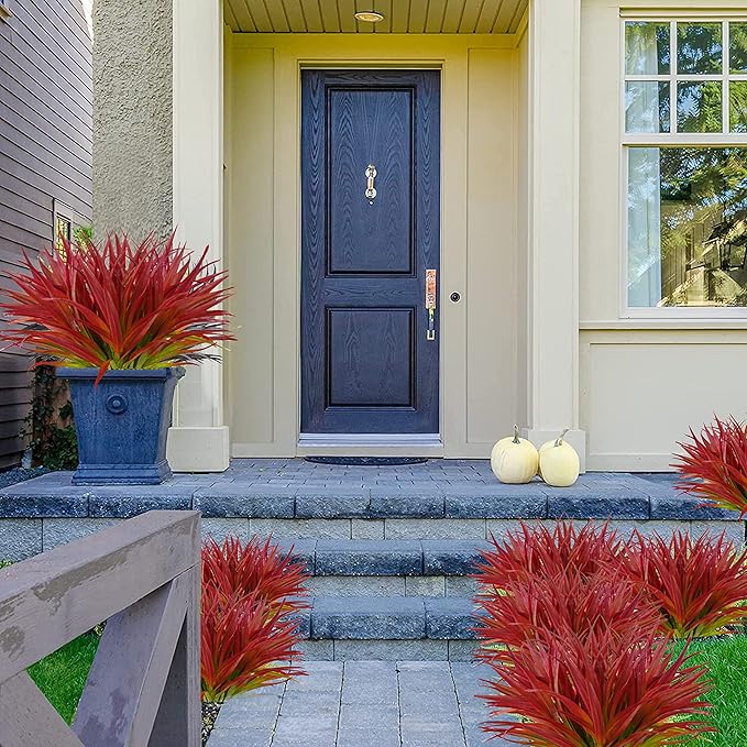 8 Pcs Outdoor Fake Plants UV Resistant Artificial Tall Grass Plants Faux Tropical Flowers Bushes Décor Fall Winter Summer Planters Patio Front Door Porch Plastic Greenery & Shrubs Decoration