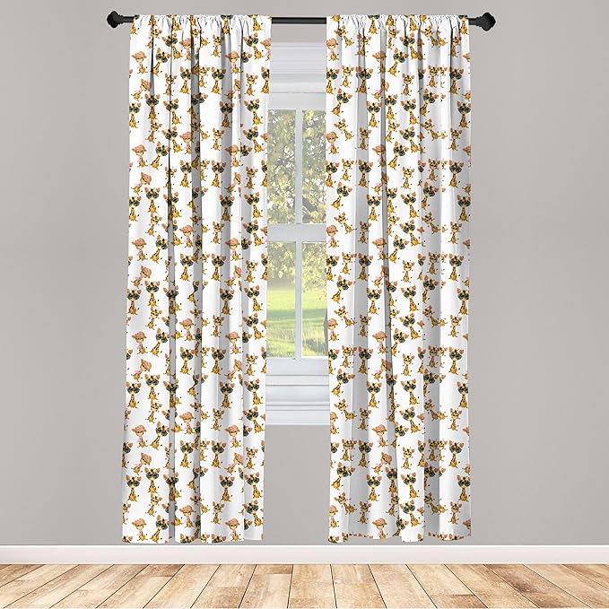 Ambesonne Giraffe Curtains, Savannah Animal Romantic Characters Funny Mascots in Human Clothes, Window Treatments 2 Panel Set for Living Room Bedroom, Pair of - 28" x 84", Brown Yellow
